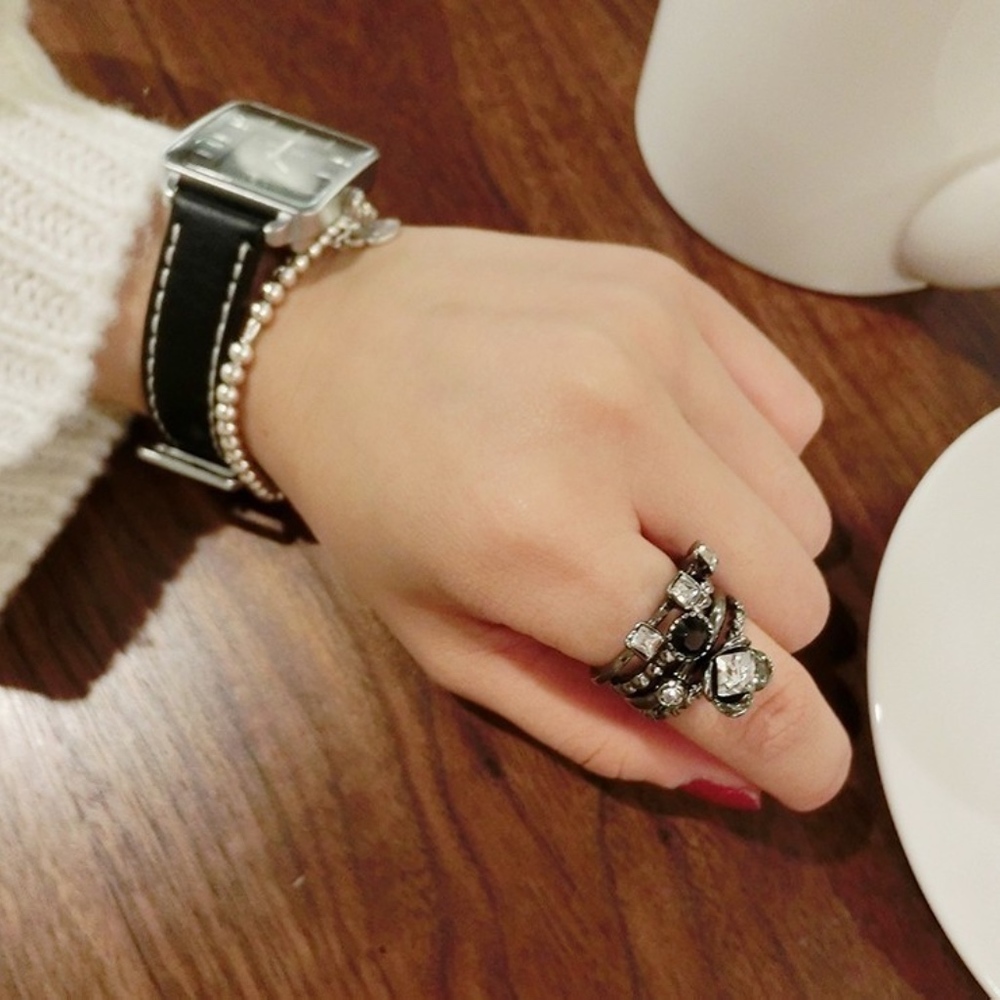 Gunmetal Crystal Midi Stacked Antique Silver Rings - Picture 4 of 8